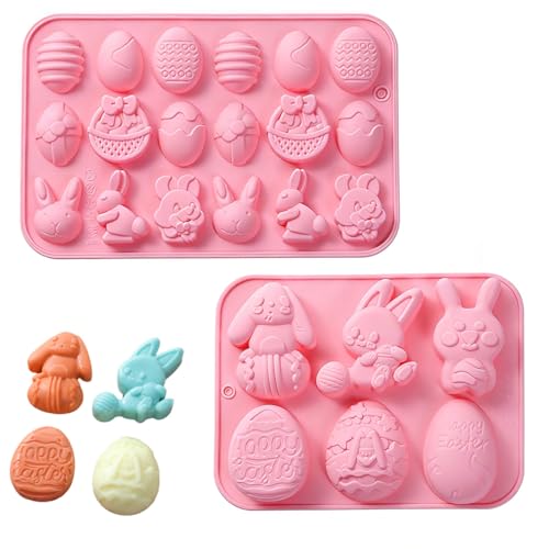 VEOIRXU 2 Pezzi Stampo in Silicone Per Caramelle Pasquali Uova di Pasqua e Coniglietti Stampi Per Cioccolato e Uova di Pasqua e Conigli Stampi Antiaderenti Per Dolci e Cera Per Sciogliere