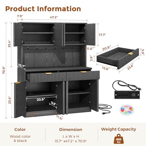 Image of Fluted Kitchen Pantry Storage Cabinet with Charging Station /LED Light /Drawer /Doors /Shelves, 71'' Tall Kitchen Food Hutch with Microwave Stand for Dining Room Living Room (Black, 47*15.7*71)