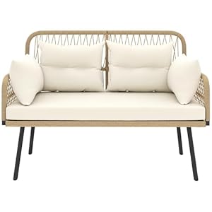 Outsunny Gartensofa mit Kissen 2-Sitzer Sofa Outdoor Balkon Sofa Rattansofa Polyrattan Gartenmöbel Balkonmöbel 115 x 61 x 82 cm Naturholz