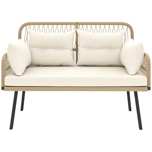 Outsunny Canapé de Jardin avec Coussins et oreillers 2 Places en résine tressée, canapé d'extérieur avec accoudoirs, Cadre en Acier galvanisé pour Balcon, Beige