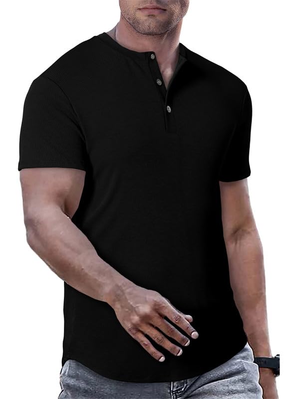 JMIERR T-Shirts für Herren Henley Shirt Kurzarm Muscle Slim Fit Basic T Shirt 2024 Sommer Button Hem