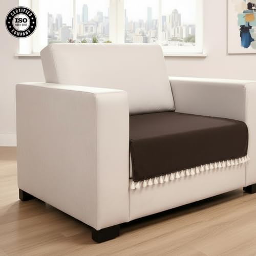 Image of HOMEMONDE 1 Seater Sofa Cover with Tassels |Soft, Durable & Textured Chenille Fabric with Tassels | Sofa Cover Mats for Living Room, Bedroom, or Drawing Room (76 X 61 CM, Brown)