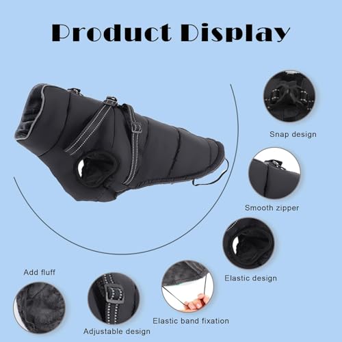 Hundemantel Winter mit Geschirr Einstellbar, ZoneYan Wasserdicht & Warm Hundemantel für Kleine Hunde, Reflektierende Winterjacke, Winddicht Weste für Hund (Schwarz, XS)