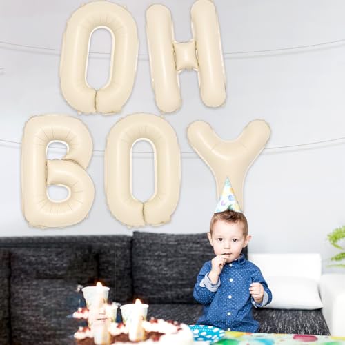 Image of 40inch OH BOY Balloons - Jumbo Cream White Sand Oh Baby Boy Balloon Sign for Backdrop Boho Baby Shower Kid Boys Birthday Gender Reveal Neutral Party Decorations