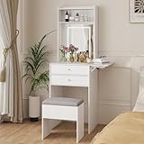 ARTETHYS Small Vanity Desk Set with 3 Adjustable Lighted Mirror and Storage Chair Mini Makeup Vanities Set for Compact Space White Dressing Table with Fold-up Panel for Bedroom