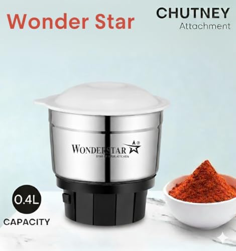 Image of Wonder Star Universal Stainless Steel Chutney Jar (400ml) with Sharp Blade for Mixer Grinder | Compatible with 4-Teeth Coupler & Dual Locking System | Rust-Proof Mixie Attachment