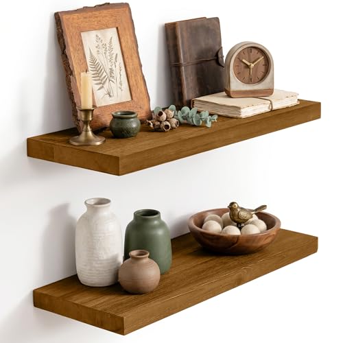 Image of Solid Wood Floating Shelves for Wall 24 inch,Walnut Wooden Shelf Set of 2 | Rustic Wood Wall Floating Shelf with Invisible Brackets,Floating Wooden Shelves for Living Room,Bathroom,Bedroom,Kitchen