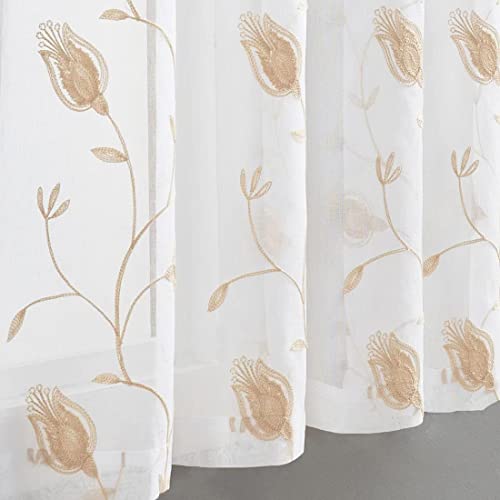 Image of Embroidery Sheer Curtains Beige 63 Inch Length, Rod Pocket Voile Drapes for Living room, Bedroom, Window Treatments Semi Crinkle Curtain Panels for Yard, Patio, Villa, Parlor, Set of 2, 52 inchx 63 inch.