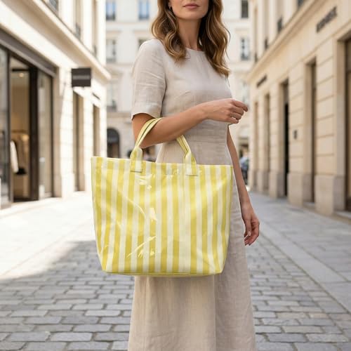 Image of Lushandy Striped PVC Tote Bag for Women, Waterproof Plastic Tote Bag for Beach Pool Large Top Handle Travel Hobo Handbag
