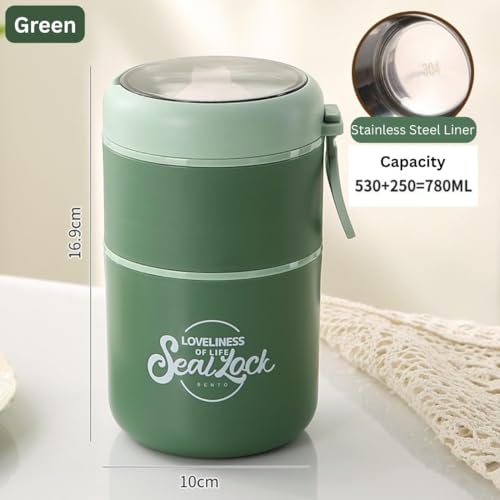 Image of 780ml Stainless Steel Lunch Pot with Cutlery Storage Double Layer Insulated Lunch Container Leakproof Portable with Lid for Office School Travel - Green