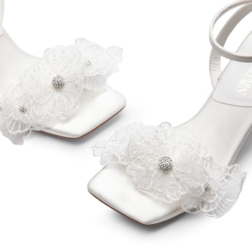 DREAM PAIRS DREAM PAIRS Women's Flower Wedding Heels Cute Square Toe Slingback Low Kitten Heels Sandals with Ankle Strap,Size 10,White-Satin,SDHS2436W