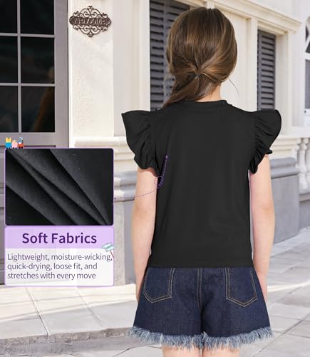 Image of Girls Ruffle Short Sleeve Blouse Twist Front Shirt Summer Crewneck Casual Tops Black 5-6 Years