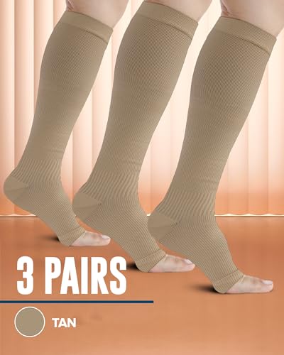 Image of Doctor's Select 3 Pairs Copper Toeless Compression Socks Women & Men - 20-30 mmHg Open Toe Compression Socks Knee High Women
