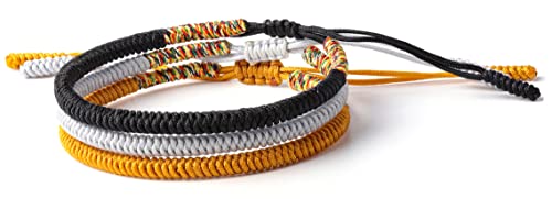 Tibetan Buddhist Handmade Lucky Knot Rope Bracelet (Set of 3 - Black, Silver, Gold)