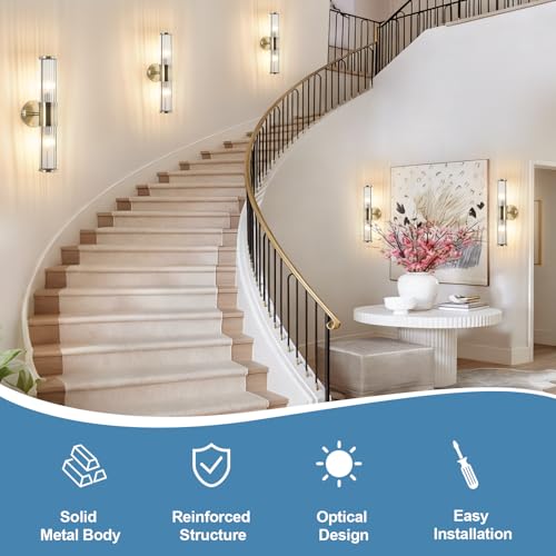 Image of Modern Vanity Light Fixture, Brushed Bronze Wall Sconce with Glass Rod Shades, 2-Light Bathroom Mirror Lighting for Bronze Bathroom Light Fixture & Makeup Application (Bulbs Not Included)