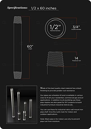 Supply Giant 1/2 Inch X 60 Inch Black Steel Pipe, Threaded Half Inch Malleable Fitting Build Diy Vintage Furniture, (Pack Of 5) #TOP2