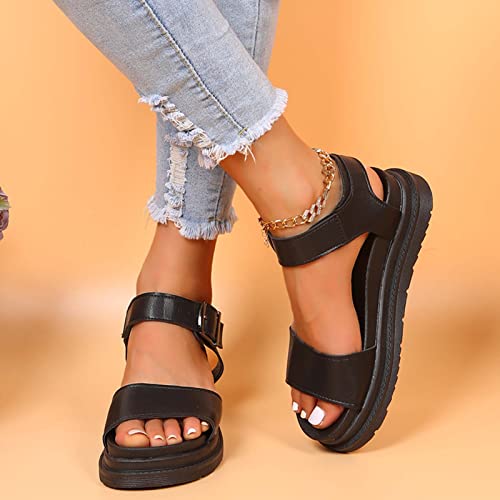 GLEYDY Sandales Femme été Décontractées Confortables Femmes Sandale Plateforme PU Cuir Antidérapant Poisson Bouche Sandales Plates Bout Ouvert Chaussures Plateforme,Noir,38