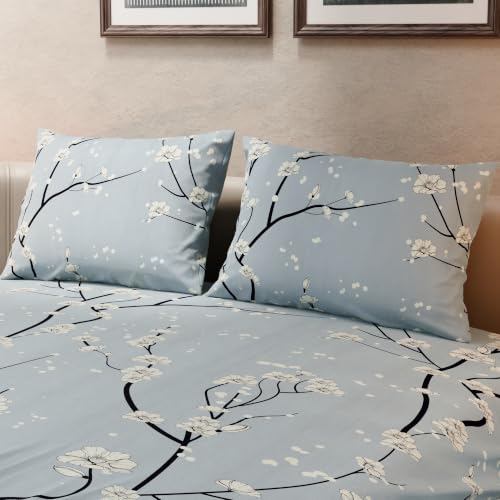 Image of BLISSHOME SoftTouch 140TC Cotton King Size Printed Bedsheet with 2 Pillow Covers for Double Bed, Silky Smooth Bedding Set, Breathable, Easy Maintain, Floral Print - Grey, White