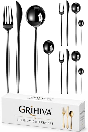 Image of 12 Pcs Black Slim Handle Stainless Steel Cutlery Set for Dining Table with Spoons and Forks Set + Butterknives - The Perfect Tableware /Flatware