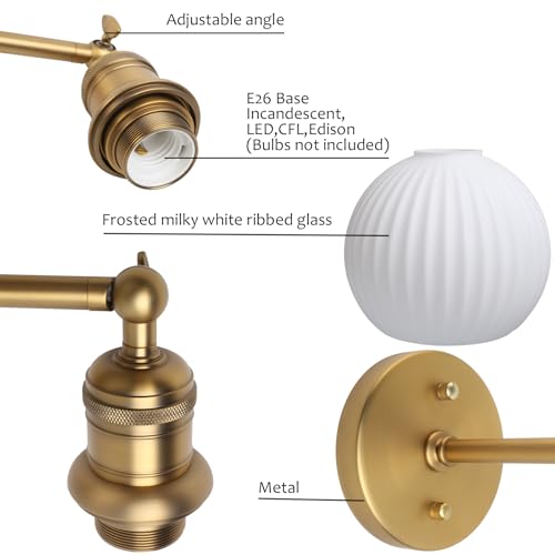 Image of Yosoan Boho Aged Brass Gold Vanity Bathroom Wall Sconce with Milk Shade, 1-Light Indoor Hardwired Wall Mounted Vintage Industrial Lights with Ribbed Round Glass Lamp for Mirror Living Room(Antique)