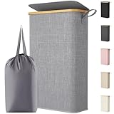 Lifewit 65L Slim Laundry Basket with Lid, Narrow Laundry Bin with Removable Bag & Bamboo Handles, Foldable Thin Dirty Clothes Hamper for Laundry, Bathroom, Bedroom, Dorm (Grey)