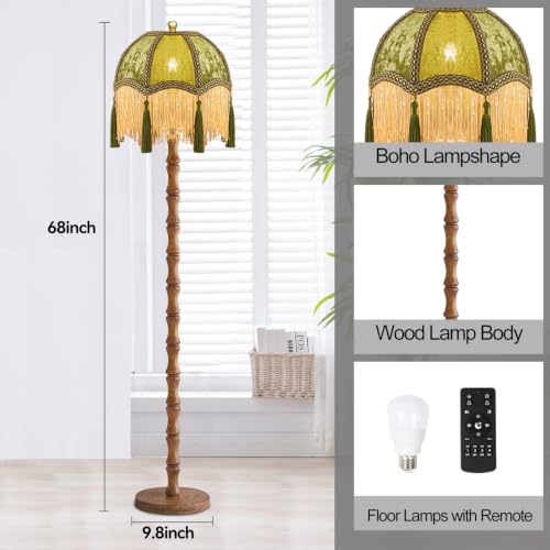 Image of AHDWDW Vintage Floor Lamp for Living Room Bedroom,Victorian Floor Lamps with Remote,Wood Standing Tall Lamp with Green Tassels Velvet Lampshade,Fringe Dimmable Floor Lamp for Corner Reading Decor