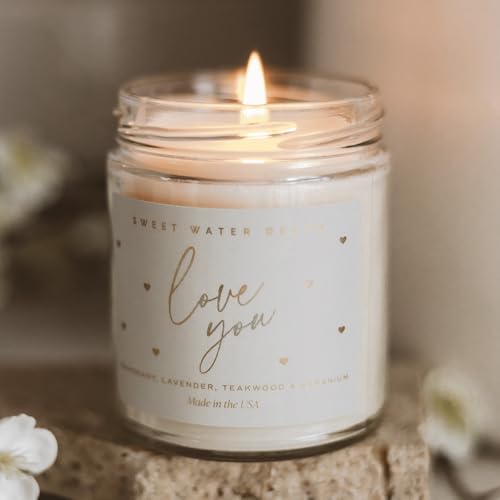 Sweet Water Decor Love You Scented Candles - Soy Candles with Fresh Lavender, Geranium, Warm Mahogany and Earthy Teakwood - Candle Wax with 40 Hours Burn Time - 9Oz Gold Lid Clear Jar Wax Candle - Thumbnail 6