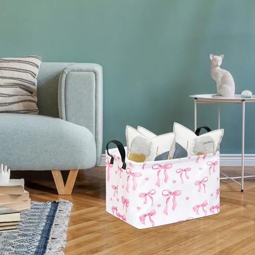 Image of Pink Bow Storage Basket Girls Gifts Basket Waterproof Storage Bins Organizer Foldable Closet Shelf Baskets with Handles for Home Office Dorm Closet Shelf