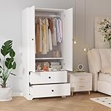 Garvee 71' Armoire Wardrobe Closet, Modern Wooden Bedroom Armoire with 2 Drawers & 2 Doors and Adjustable Shelves，Clothing Storage Cabinet with Aluminum Hanging Rod, Locker