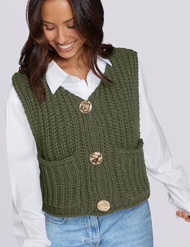 Image of UEU Womens Chunky Sweater Vest Button Down Sleeveless Cardigan V Neck Crop Crochet Knit Tops 2025 Fashion Trendy Clothes