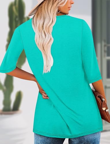 KISSMODA Tunic Tops for Women Loose Fit Dressy Round Neck Pleated 3/4 Length Sleeve Spring Tops