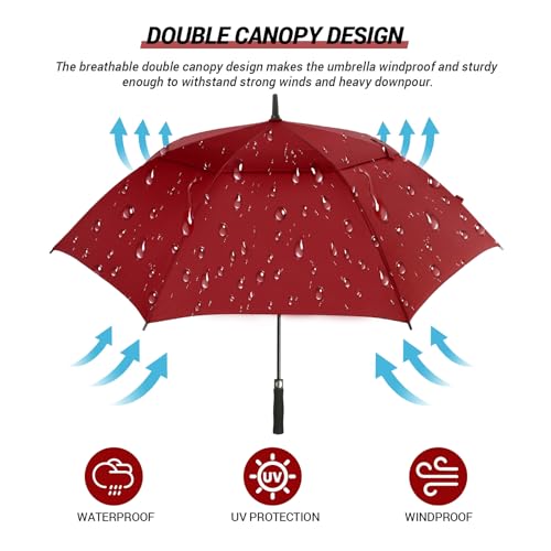 LLanxiry Extra Large Golf Umbrella, Windproof & Heavy Duty, Double Canopy Vented Automatic Open Umbrellas for Rain & Wind, Oversized Umbrella for Golf, Outdoor Sports, and Travel (Wine/62in)