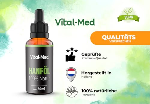 Vital-Med hochdosiertes Hanföl mit 30ML (750 Tropfen) und 25mg pro Tropfen - Premium Vital Hanfsamenöl - 100% Natur - Hanftropfen mit Omega 3-6-9 (Natur)