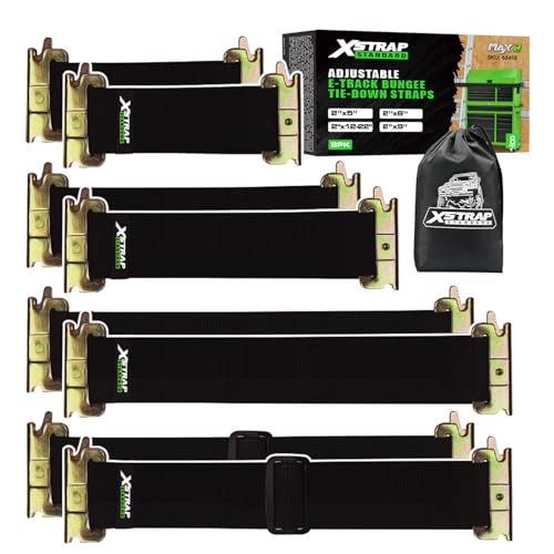 XSTRAP STANDARD 8 Pack E-Track Bungee Tie-Down Straps - Adjustable 5", 8", 12"-22", 13" Black Bungee Straps, Secure Tools/Cargo to Trailer Walls, Trucks, Vans, Garages, Warehouses, Workshops