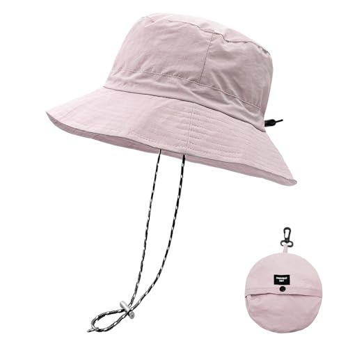 lifwimner Imperméable Pêche Chapeaux,Chapeau de Soleil pour Femme,Seau Pluie Chapeau Menton Lacets Séchage Rapide Packaging Boonie Safari Outdoor UV (Rose Clair)