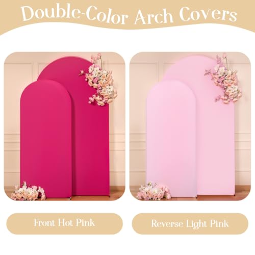 Image of Pink and Hot Pink Arch Cover 2 Set - 7.2FT and 6FT Arch Backdrop Cover Spandex Fitted Wedding Arch Stand Covers for Baby Shower Girls Birthday Party Photo Balloon Arch Covers Stretchy Backdrop