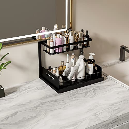 Mlesi Under Sink Organizers And Storage, 2 Tier Sliding Cabinet Basket Organizer With Non-Slip Pads, Multi-Purpose Under Sink Organizer For Bathroom Kitchen, Carbon Steel/Black #TOP6