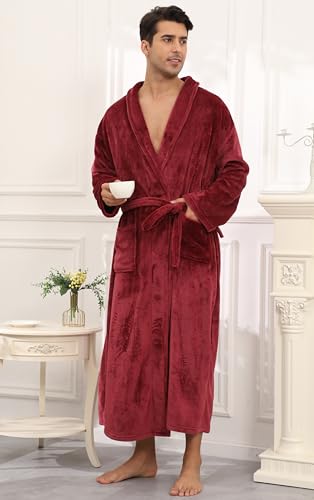 Mens Plush Fleece Robe Soft Shawl Collar Bathrobe Long Fluffy Spa Robes Winter Warm House Robe with Pockets3