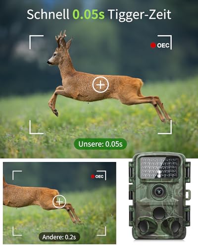 KJK 4K 64MP Wildkamera mit 64GB Speicherkarte, Wildtierkamera mit Nachtsicht, 0.05s Auslöser Bewegungsaktiviert, IP67 Wasserdicht 130° Weitwinkel 45 Stücks Infrarot-LEDs Schimmer Wildkamera