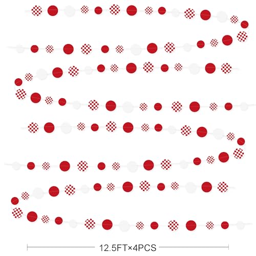 Image of Red Party Decorations White Red Checkered Circle Dots Streamer Hanging Paper Polka Dot Garland for Birthday Wedding Shower Bachelorette Christmas Carnival Circus Picnic Party Decorations Supplies