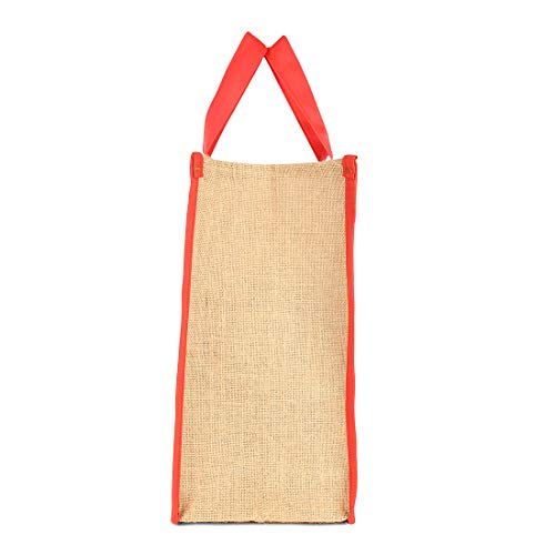 Image of DOUBLE R BAGS Laminated Jute Reusable Shopping Bags Kitchen Essentials Grocery Vegetable Lunch Carry Bag With Full Handles Multi-purpose Bag Stylish Designs (Red) Pack of 2