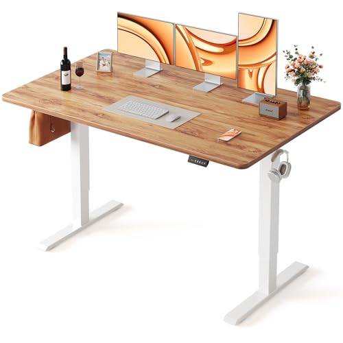 Image of FEZIBO Electric Standing Desk, 55 x 28 Inches Height Adjustable, Sit Stand Up, Computer Home Office Desk with Splice Board (Light Rustic)