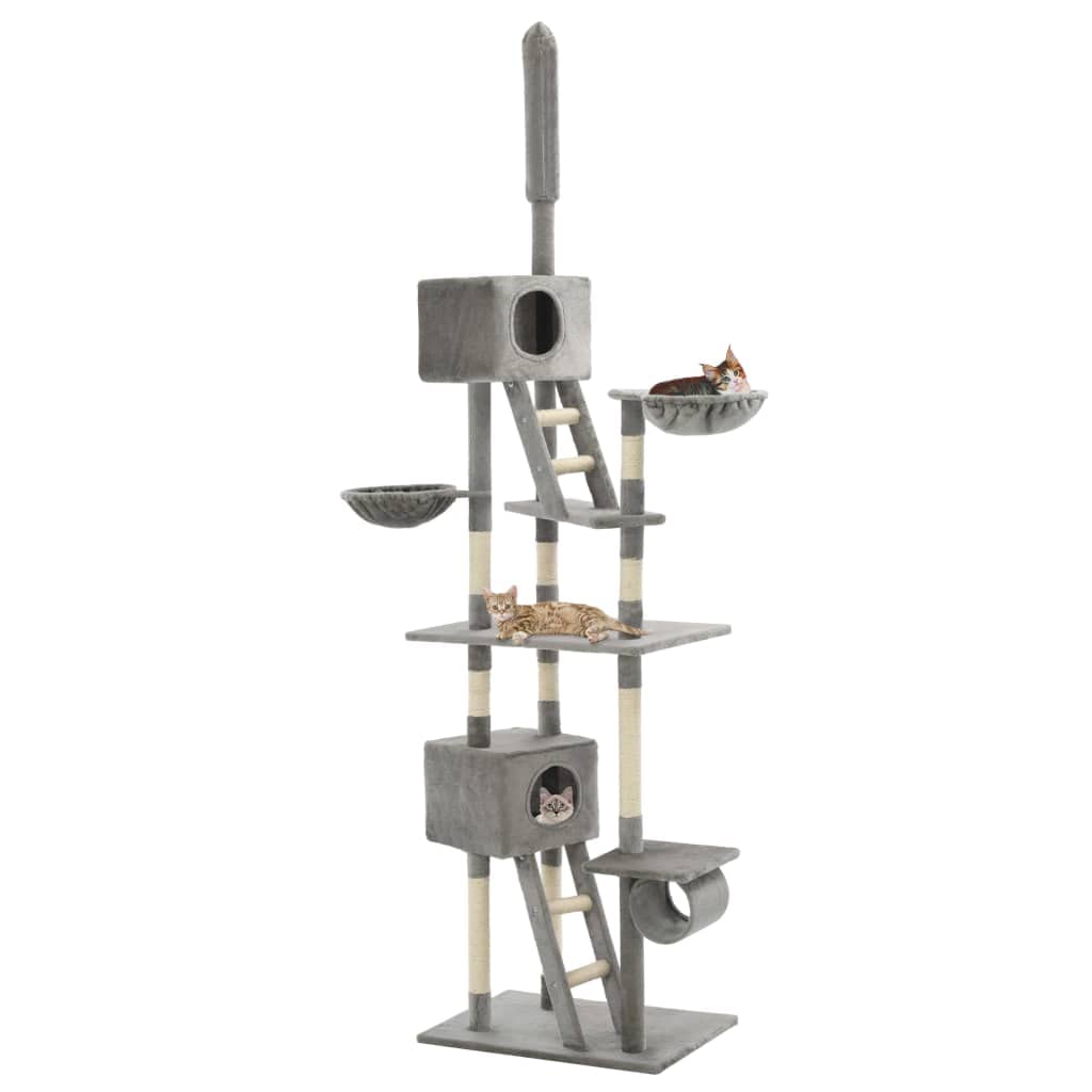Katzen-Kratzbaum Sisal 230-260 cm Grau mit Kratzmöbel, Kratztonne, Kratzbrett, Plattform, Höhle und Liegefläche für Klettern, Kratzen, Spielen und Ruhen in Wohnung, Balkon, Zimmer