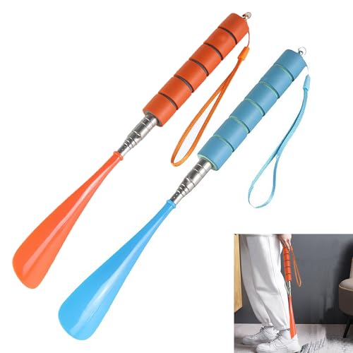 Batheidon 2 pezzi calzante per scarpe calzascarpe corto calzascarpe lungo metallo, Estensibili da 30 a 70 cm, Manico Lungo e Comodo, per Uomini, Donne, Bambini e Anziani, Colori Blu e Arancione