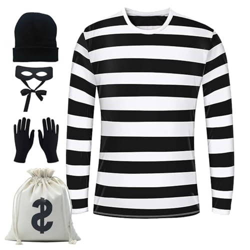 MDROCK Adult Halloweent Robber Costume Set Black and White Striped Tee Shirt Money Bag Gloves Eye Patch and Beanie Cap (Mens X-Large)