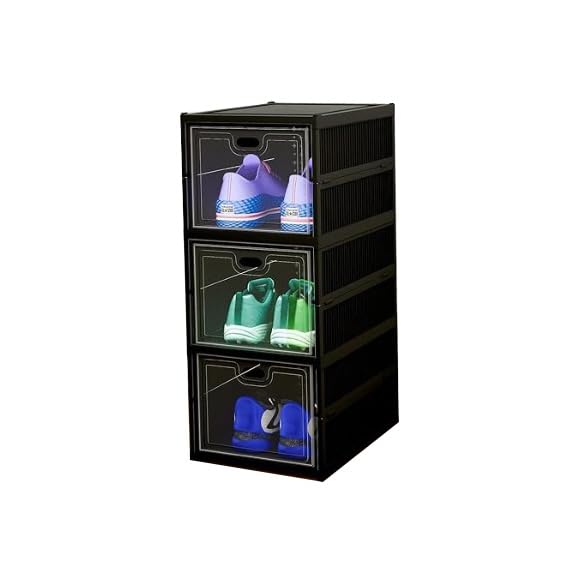 Image of Sulfar 3 Tier Shoe Rack Collapsible Shoe Organiser with Door - Foldable Sneaker Crates Footwear Organiser for Men, Women, Heels, Boots, Loafers, Sneakers, Slippers (Black)