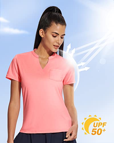 Women's Golf Polo Shirts Short Sleeve V Neck Collarless Shirt For Women Upf 50+ Dry Fit T-Shirt Pink #TOP4