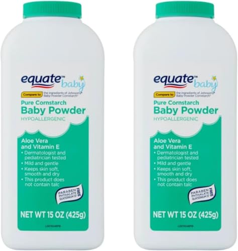 Equate Pure Cornstarch Baby Powder with Aloe Vera and Vitamin E, Hypoallergenic, Talc-Free, 15 oz (Pack of 2)