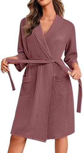 Ekouaer Morgenmantel Damen Waffelpique 3/4-Ärmeln Hausmantel | Leicht Weich Hausanzug, Kurz Kimono Robe mit Taschen, Elegant Lässig Knielang Loungewear