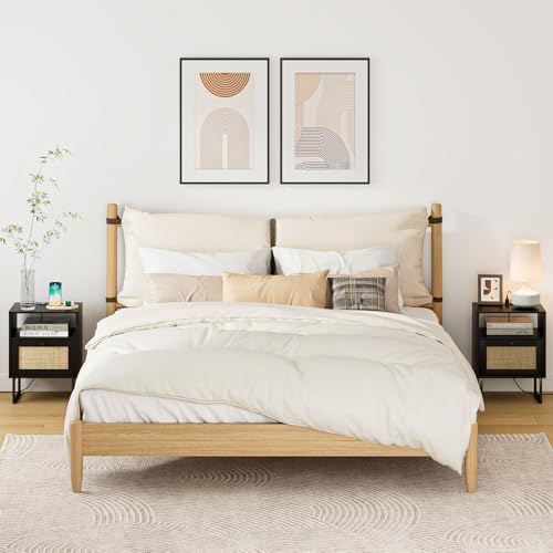 Image of Rattan Nightstand with Charging Station, Boho Night Stand Farmhouse Wood Bedside Table with Storage and Open Shelf, End Side Accent Table for Bedroom,Living Room,Black